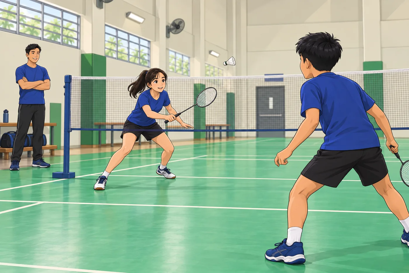 Illustration of a coach observing a learner applying practice skills in a badminton rally.