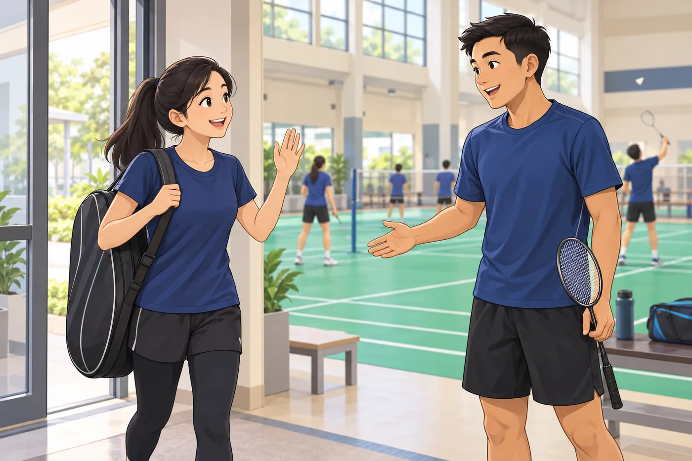 Cartoon illustration of a badminton learner meeting a new coach at an indoor court.