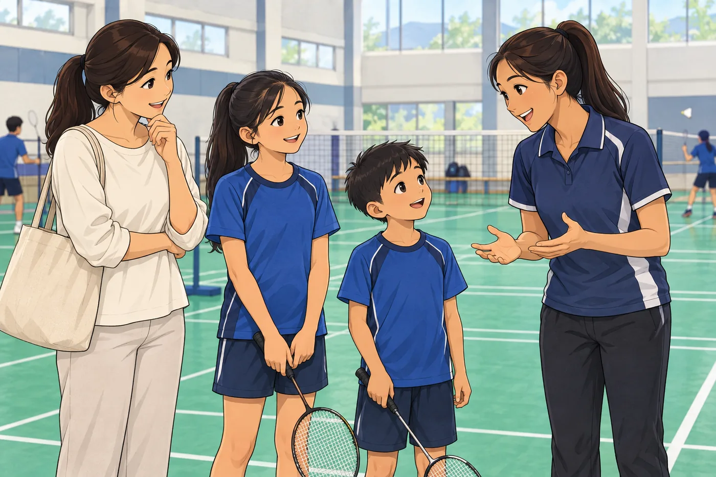 Illustration of two siblings and their parent discussing suitable badminton class placement with a coach.