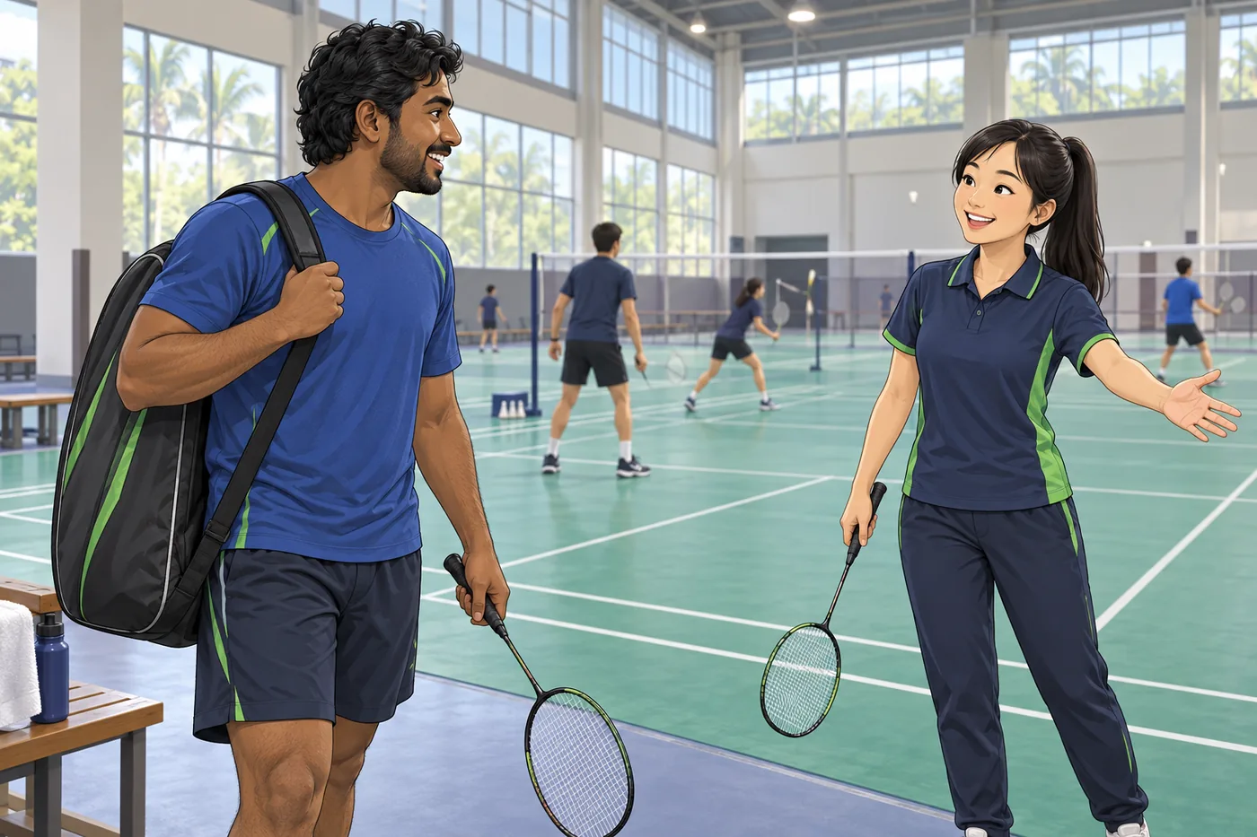 Educational illustration of a returning badminton player being welcomed by a coach at an indoor court.