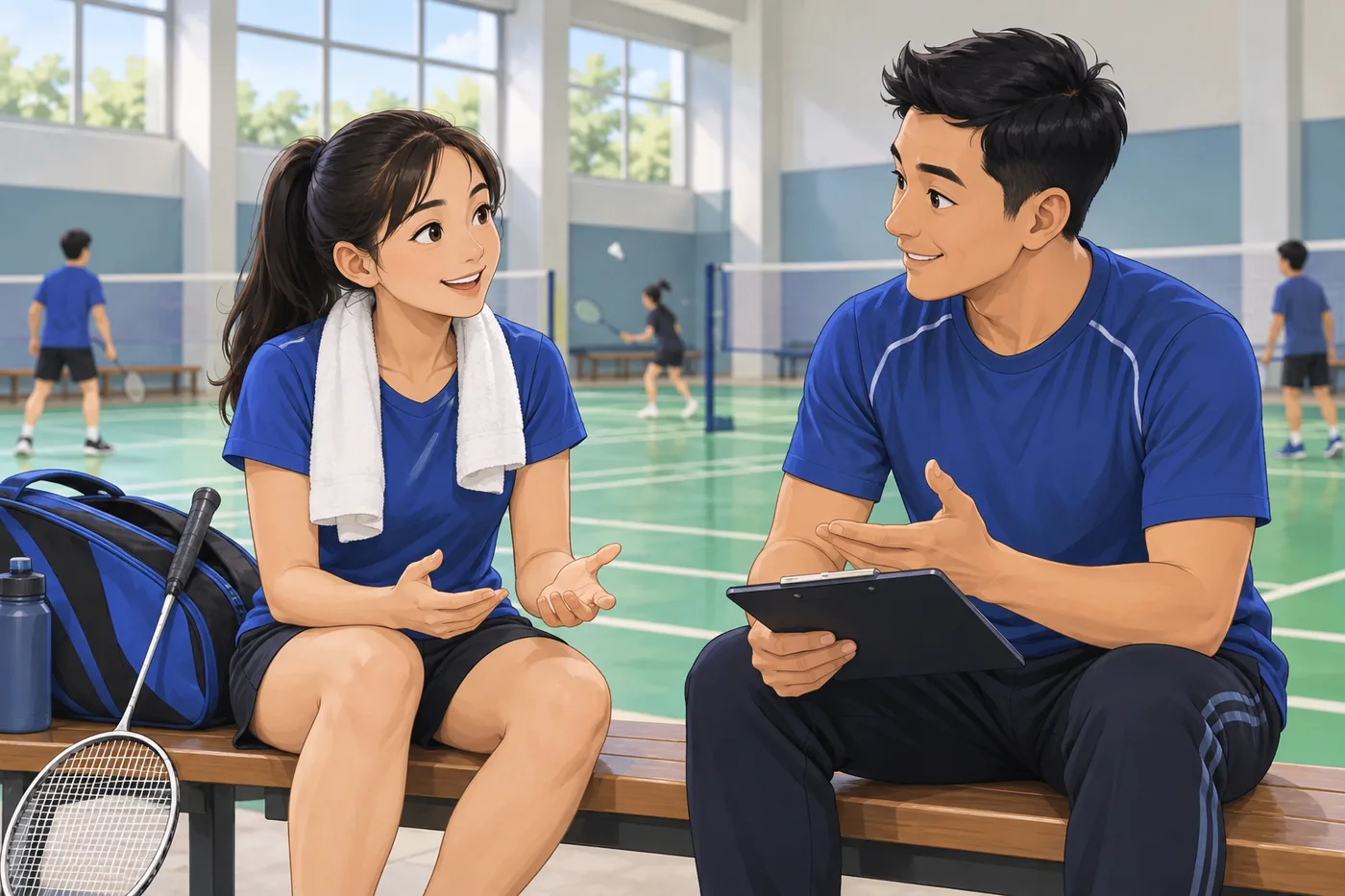 Educational illustration of a learner discussing badminton experience with a coach before a first assessment.