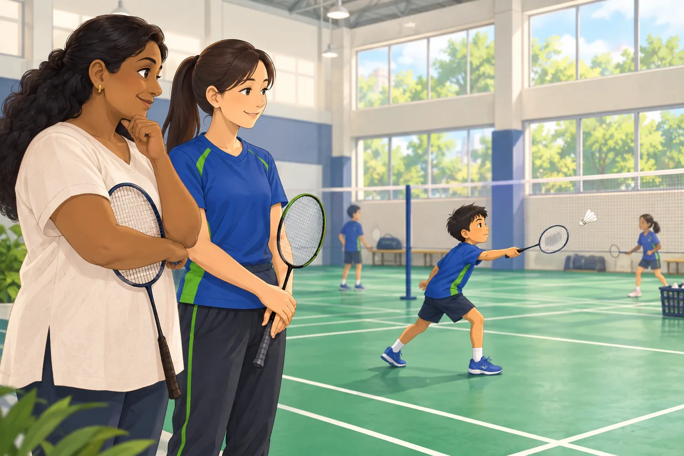 Educational illustration of a parent and coach reviewing a child’s badminton progress.