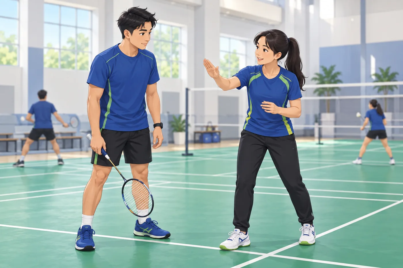 Educational illustration of a badminton learner listening to one clear coaching cue.