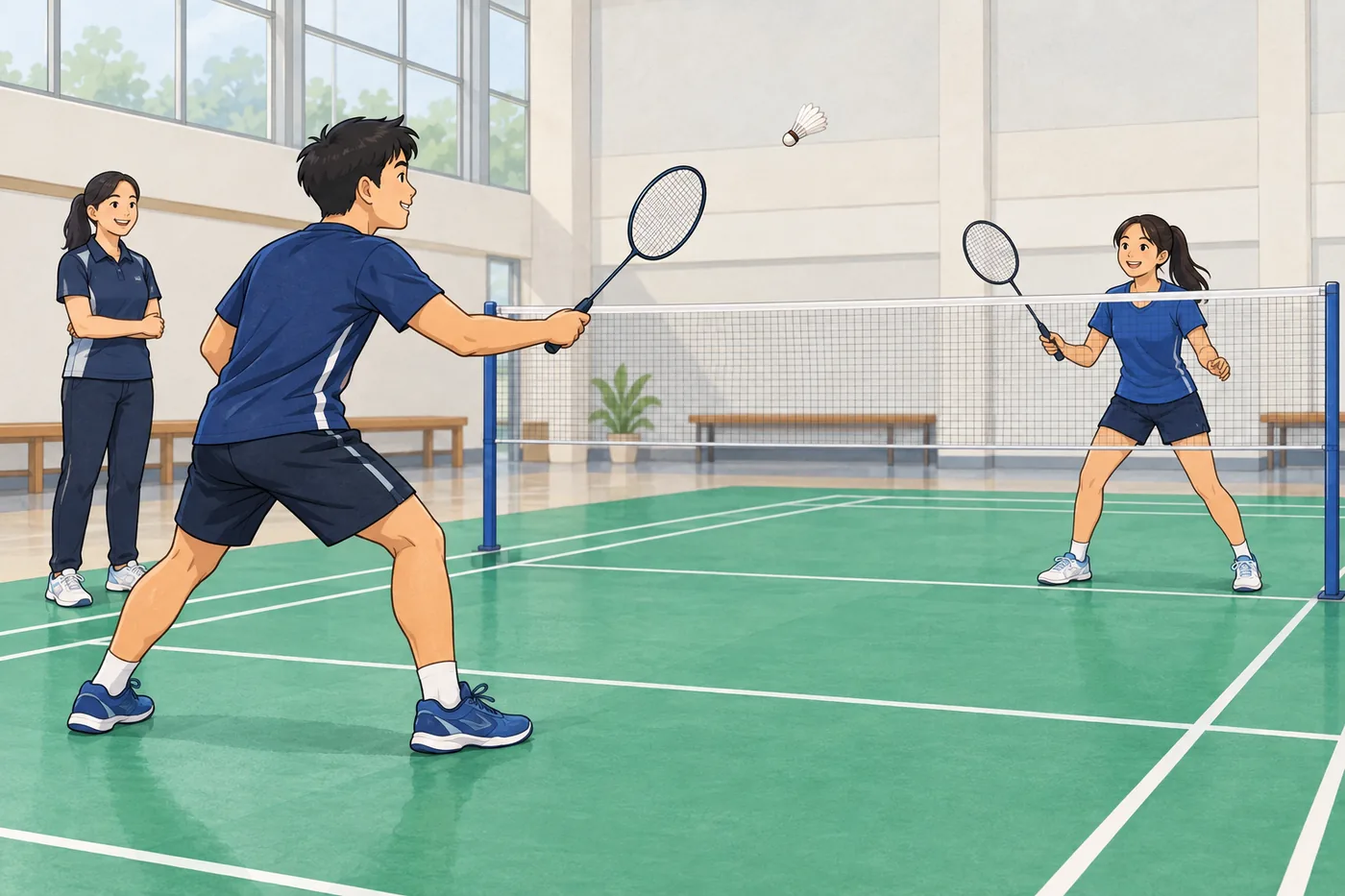 Illustration of beginners practising a cooperative badminton rally while a coach observes.