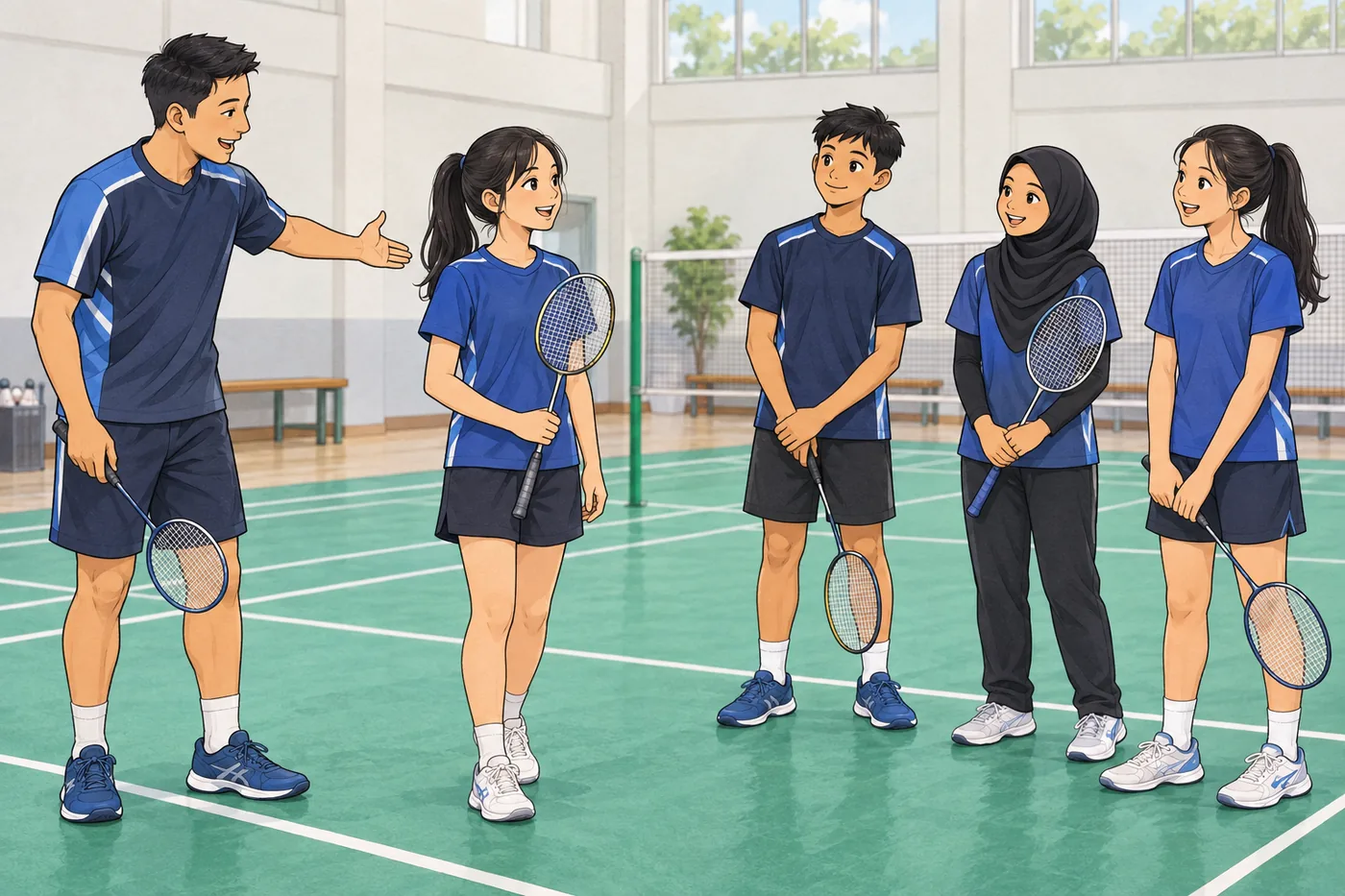 Illustration of a coach welcoming a learner from private lessons into a small badminton group.