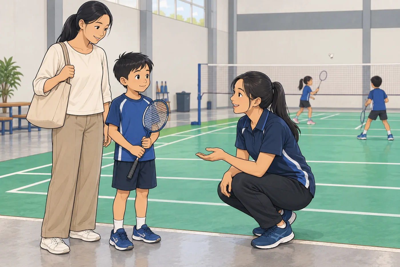 Illustration of a badminton coach calmly welcoming a quiet child and parent to the court.