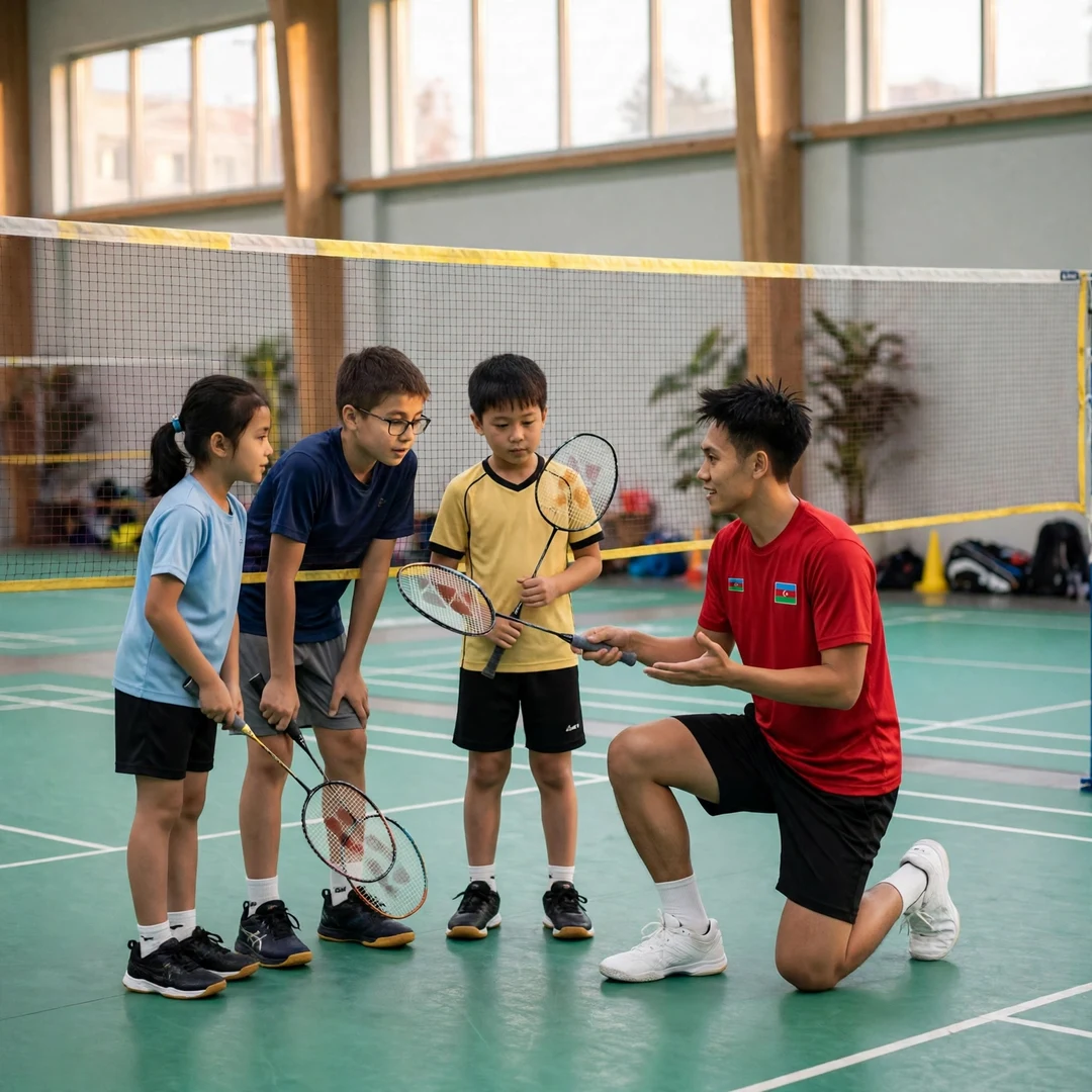 Ade Resky Dwicahyo demonstrating a grip to junior players at a badminton clinic (AI-generated) Ade Resky Dwicahyo demonstrating a grip to junior players at a badminton clinic (AI-generated)