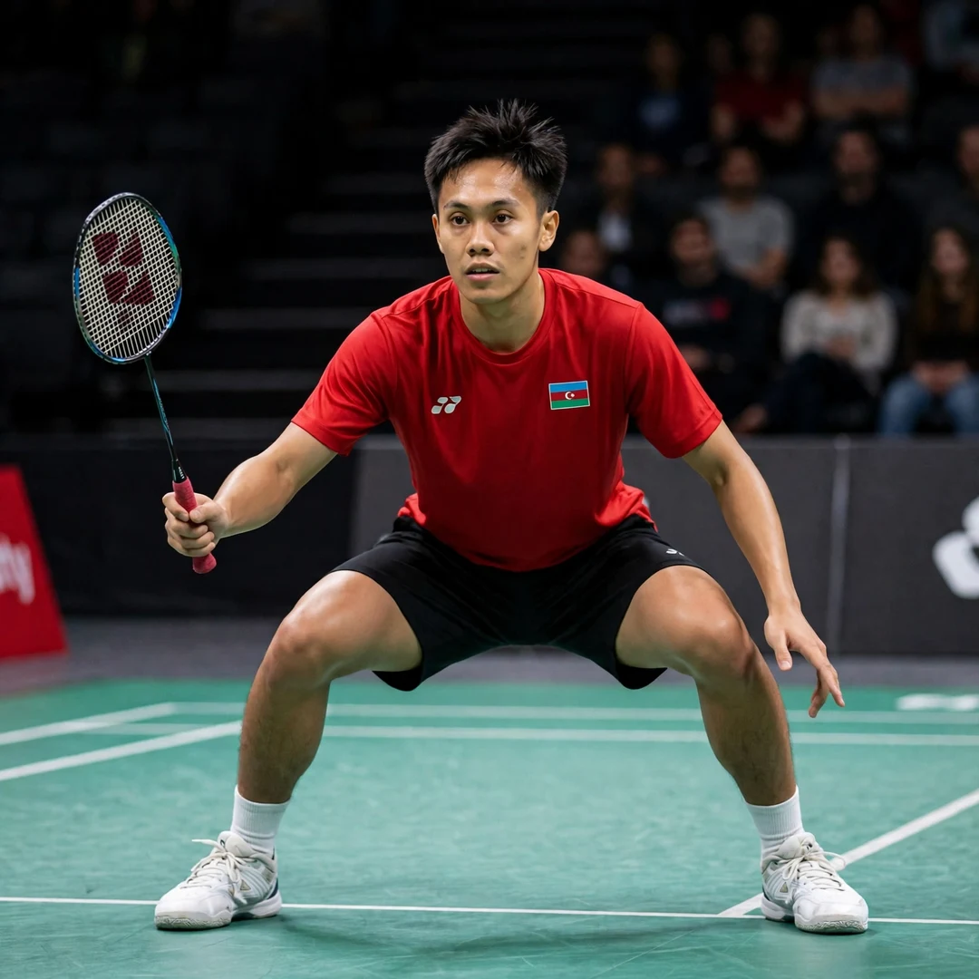Ade Resky Dwicahyo in a low defensive crouch (AI-generated) Ade Resky Dwicahyo in a low defensive crouch (AI-generated)
