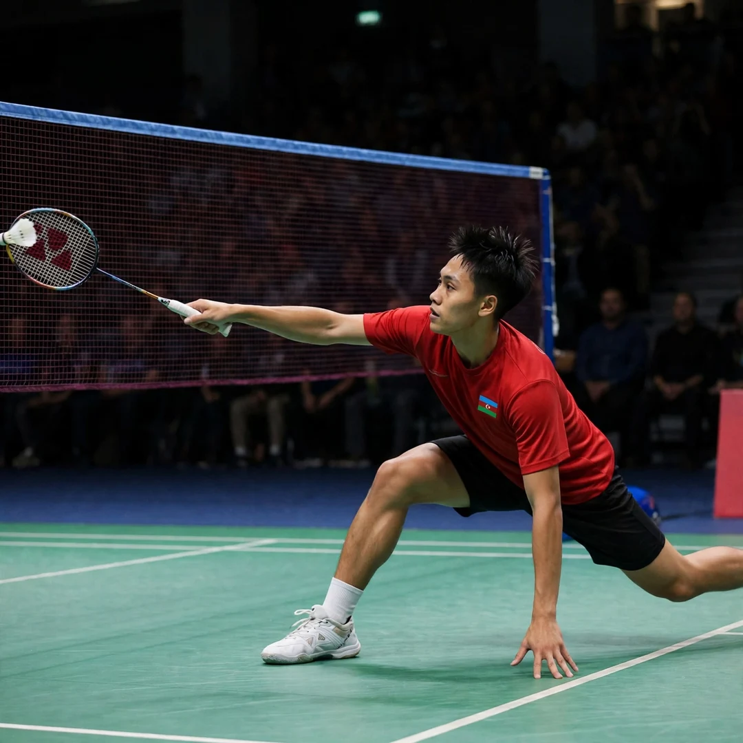Ade Resky Dwicahyo playing a tumbling net shot (AI-generated) Ade Resky Dwicahyo playing a tumbling net shot (AI-generated)