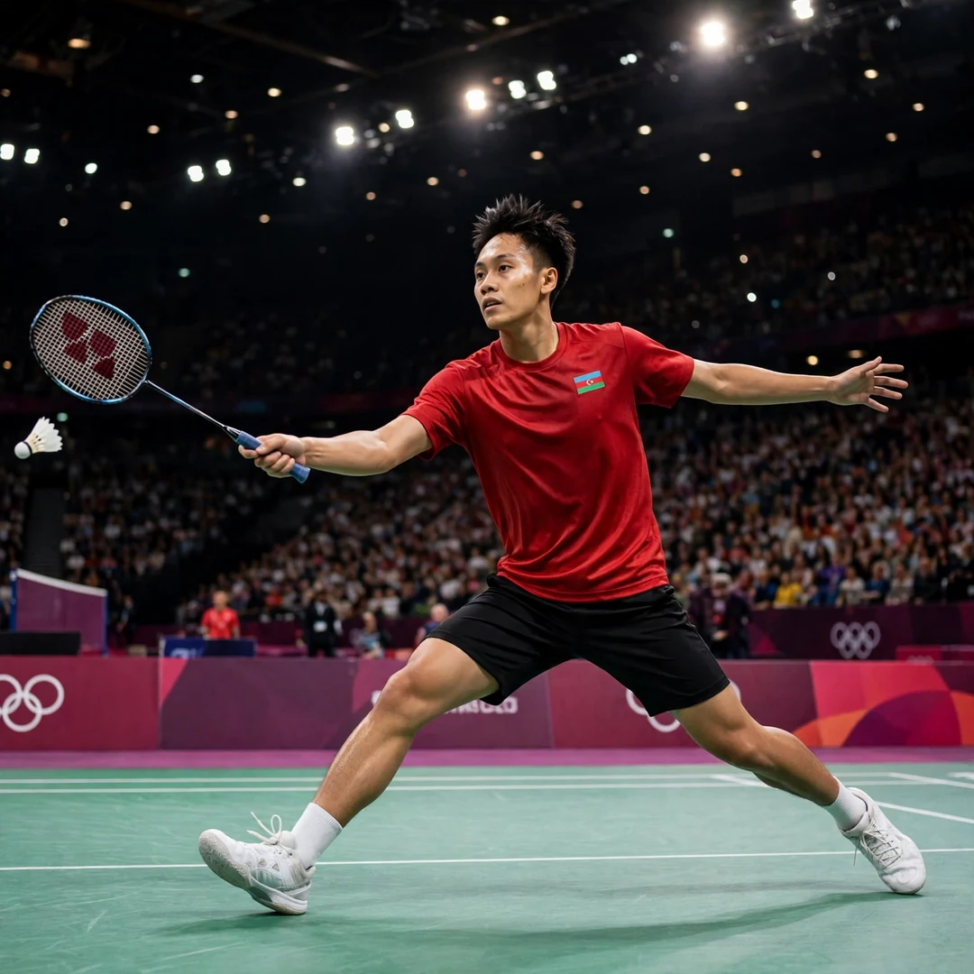 Ade Resky Dwicahyo playing a forehand drive at the Olympic Games (AI-generated) Ade Resky Dwicahyo playing a forehand drive at the Olympic Games (AI-generated)