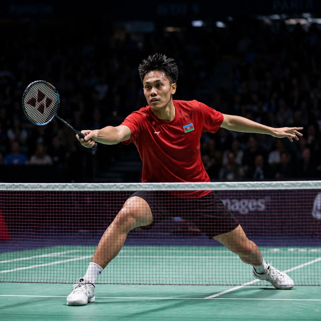 Ade Resky Dwicahyo stretched at the net at the 2025 World Championships in Paris (AI-generated) Ade Resky Dwicahyo stretched at the net at the 2025 World Championships in Paris (AI-generated)