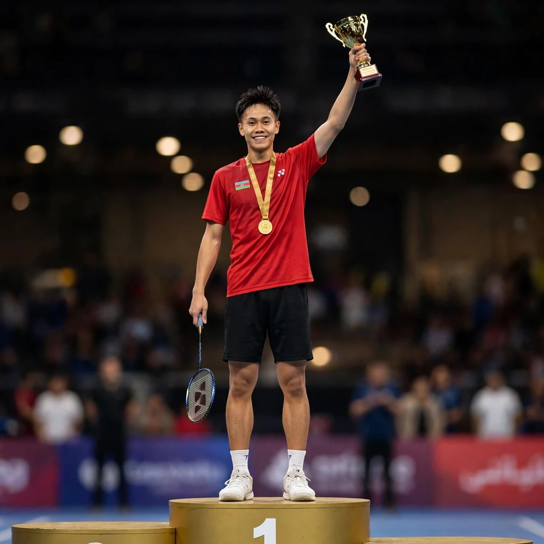 Ade Resky Dwicahyo on the top step of the podium at the Egypt International (AI-generated) Ade Resky Dwicahyo on the top step of the podium at the Egypt International (AI-generated)