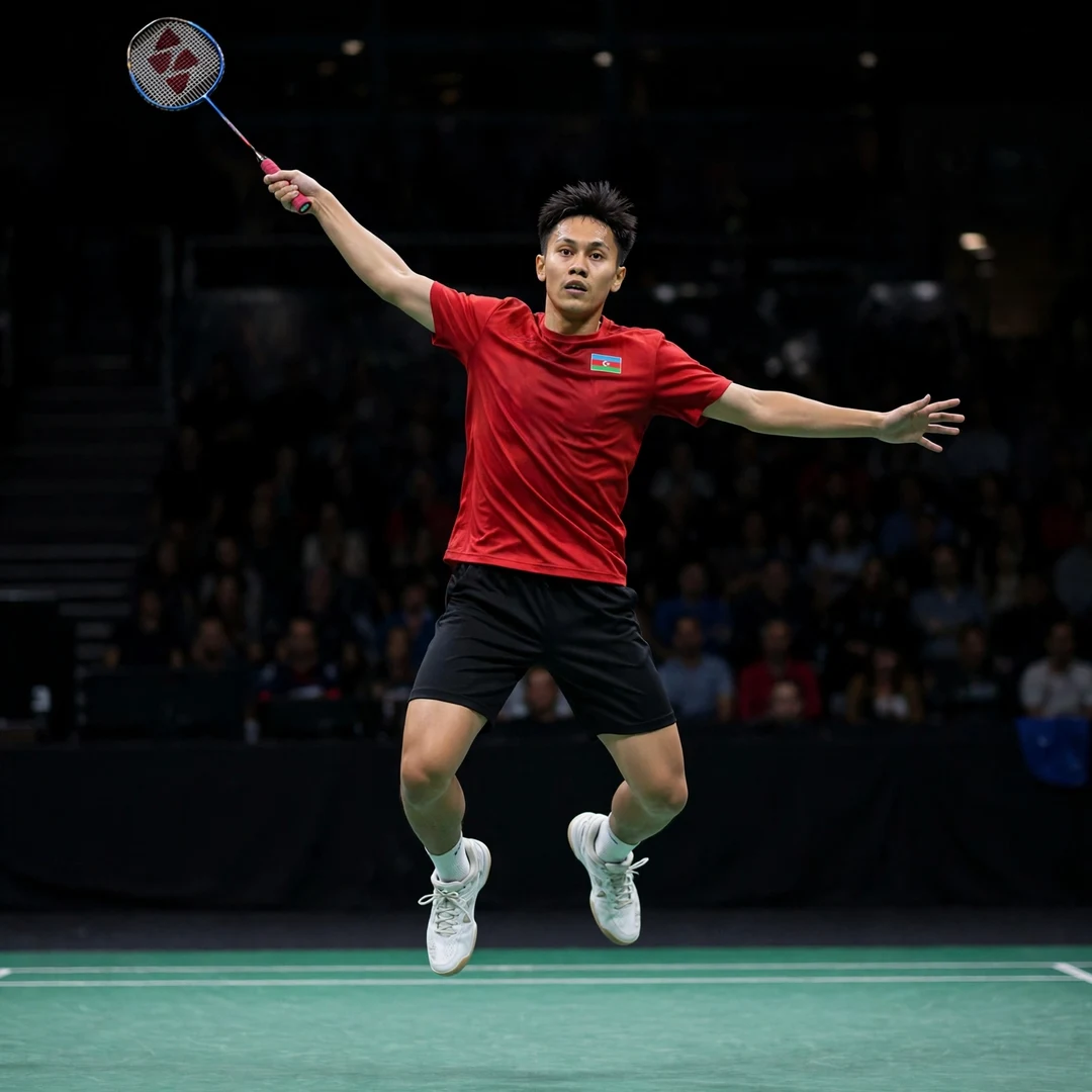Ade Resky Dwicahyo hitting a jump smash (AI-generated) Ade Resky Dwicahyo hitting a jump smash (AI-generated)