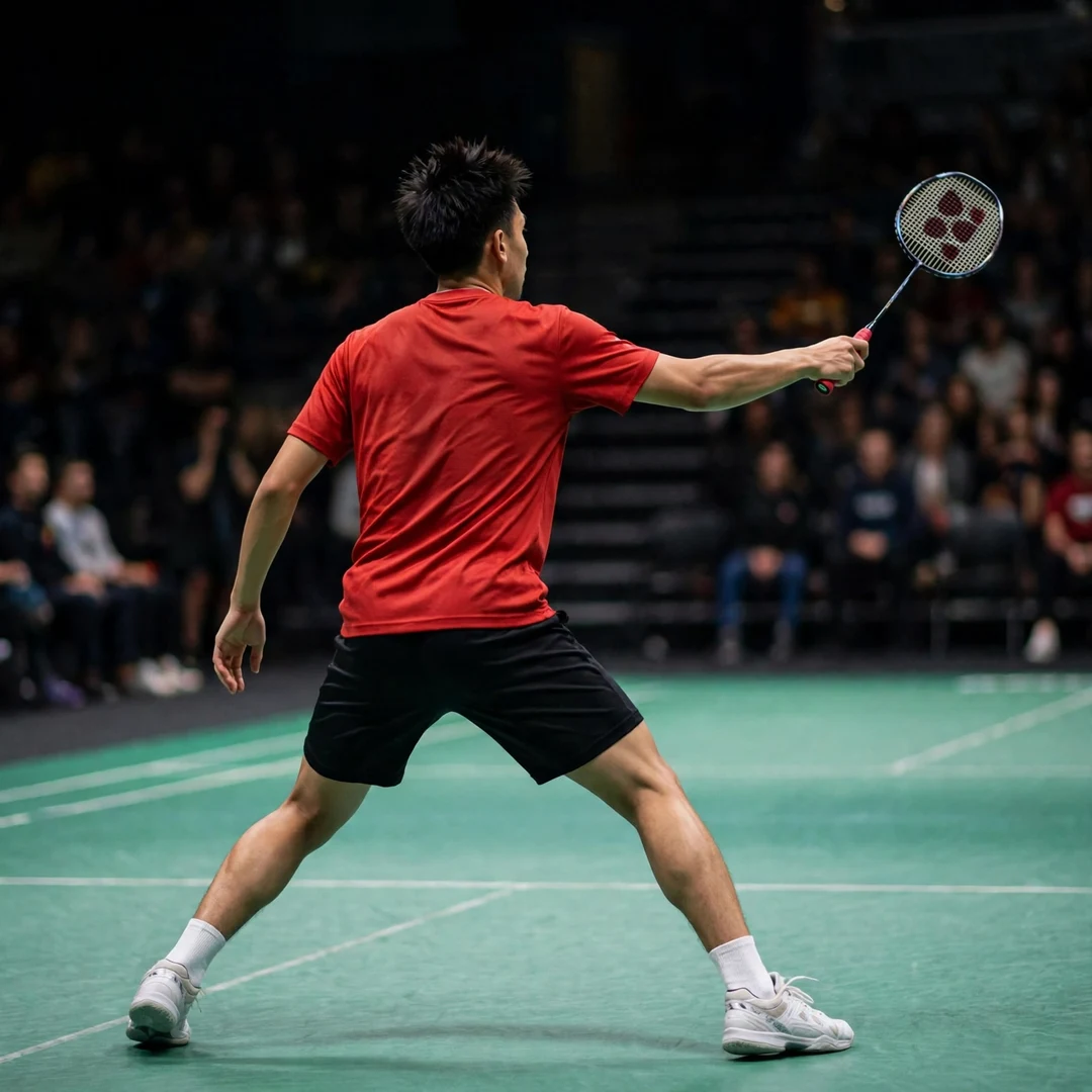 Ade Resky Dwicahyo playing a forehand drive, seen from behind (AI-generated) Ade Resky Dwicahyo playing a forehand drive, seen from behind (AI-generated)