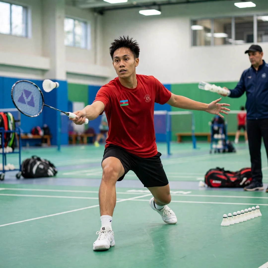 Ade Resky Dwicahyo in a multi-shuttle training drill (AI-generated) Ade Resky Dwicahyo in a multi-shuttle training drill (AI-generated)
