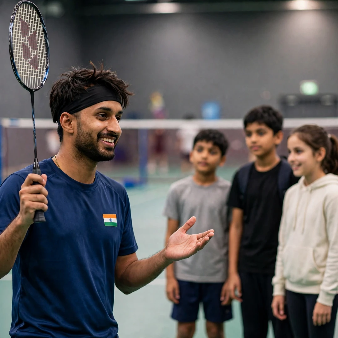 Alap Mishra demonstrating a grip to young students at a badminton academy (AI-generated) Alap Mishra demonstrating a grip to young students at a badminton academy (AI-generated)