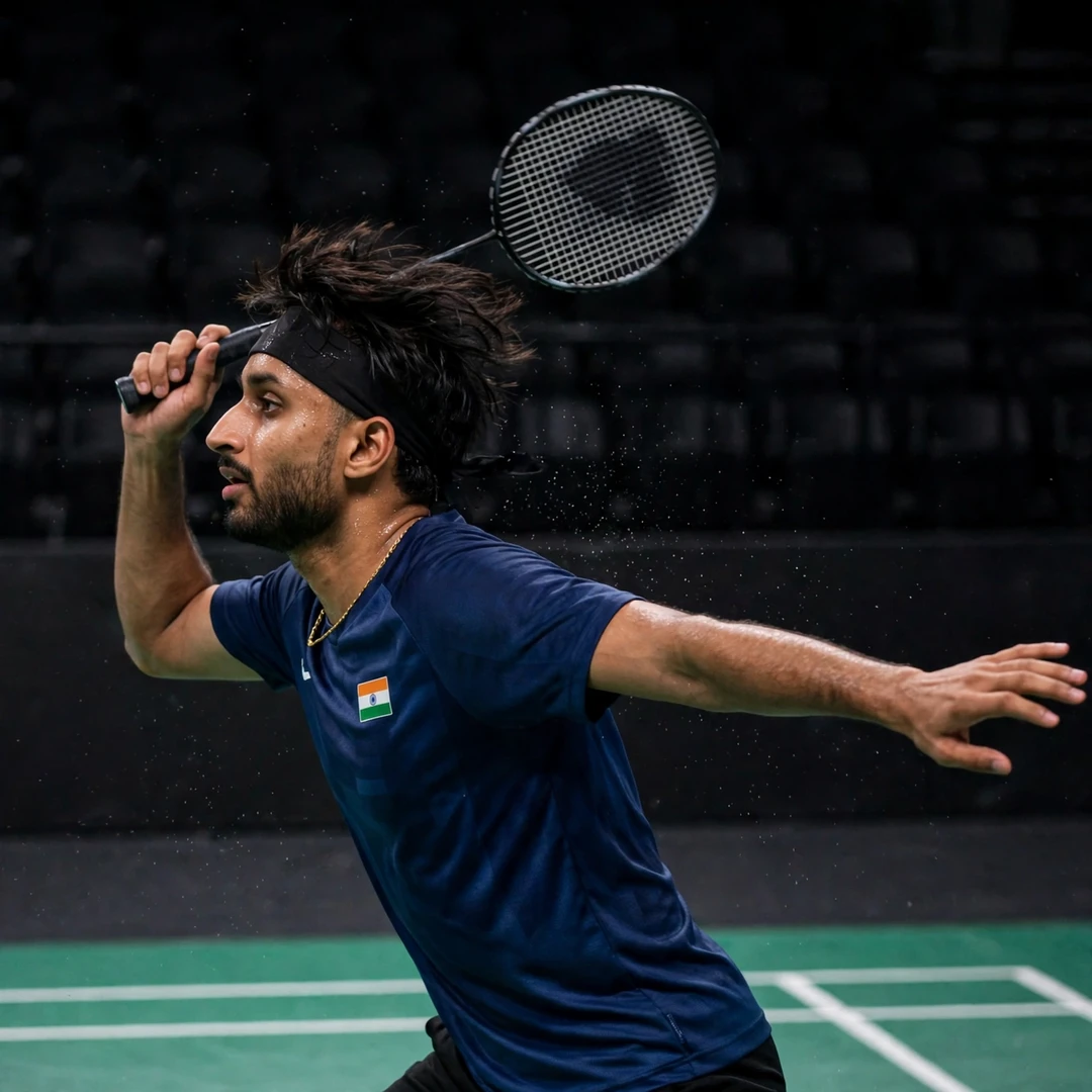 Alap Mishra preparing a backhand clear from the rear corner (AI-generated) Alap Mishra preparing a backhand clear from the rear corner (AI-generated)