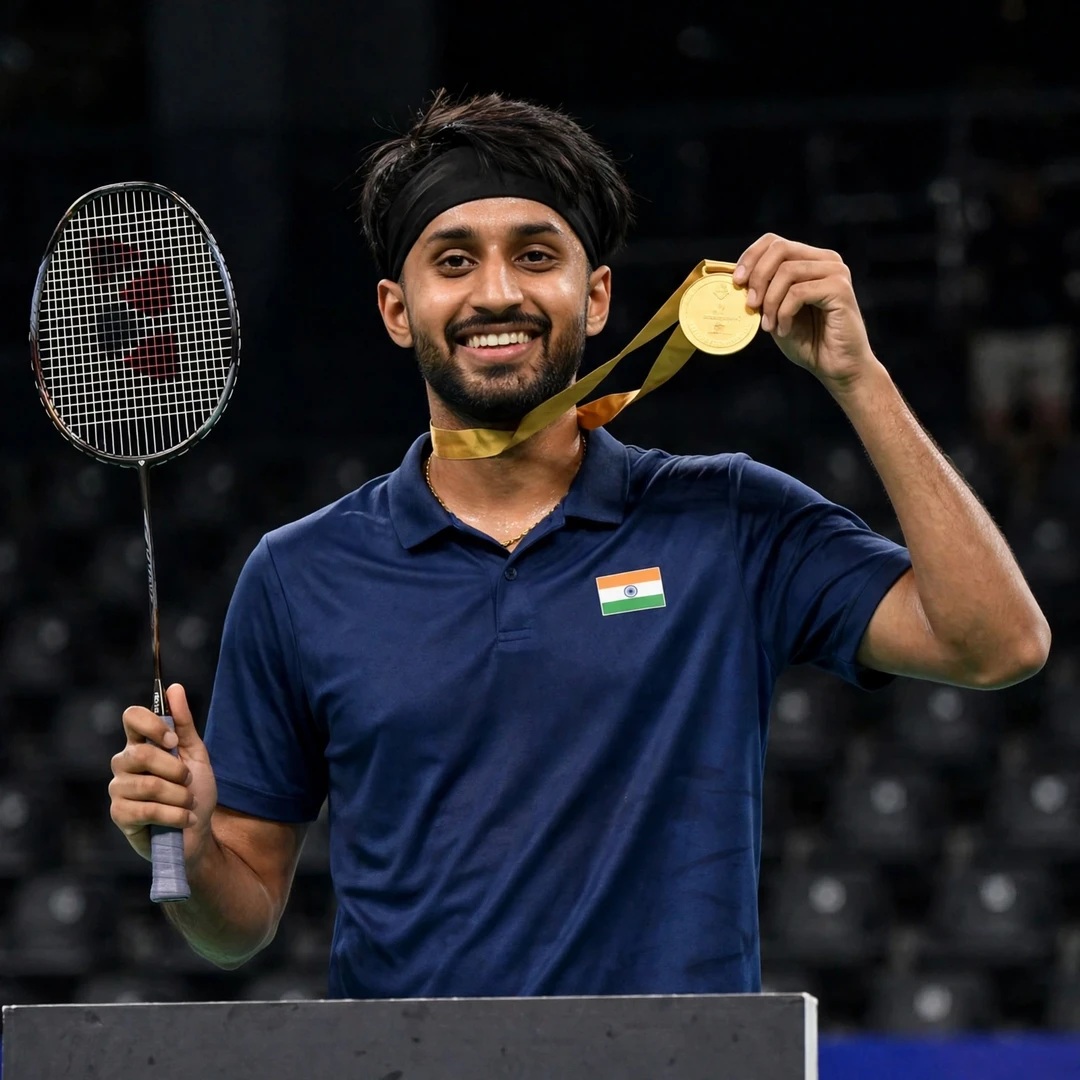 Alap Mishra on a podium holding a medal and his racket (AI-generated) Alap Mishra on a podium holding a medal and his racket (AI-generated)