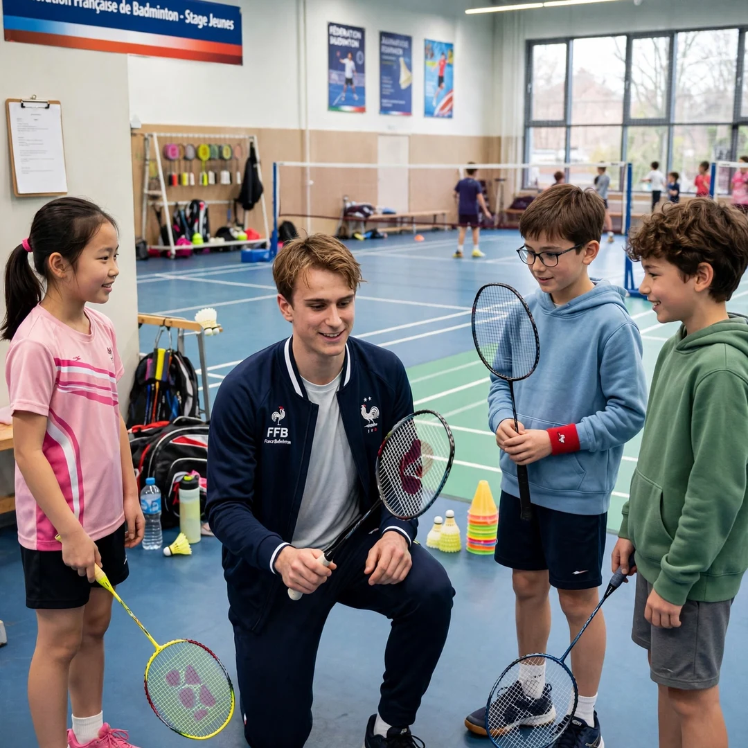Alex Lanier inspiring young players at a badminton clinic Alex Lanier with junior players at a clinic (AI-generated)