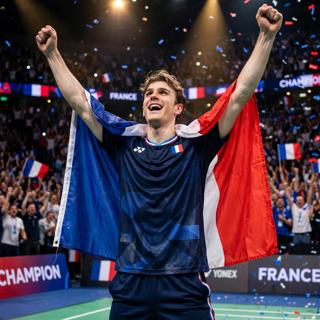 Alex Lanier celebrating victory draped in the French flag Alex Lanier celebrating with the French flag (AI-generated)