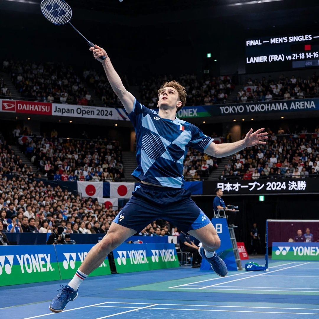 Alex Lanier winning the Japan Open 2024, his first Super 750 title Alex Lanier jump smash at the Japan Open 2024 (AI-generated)