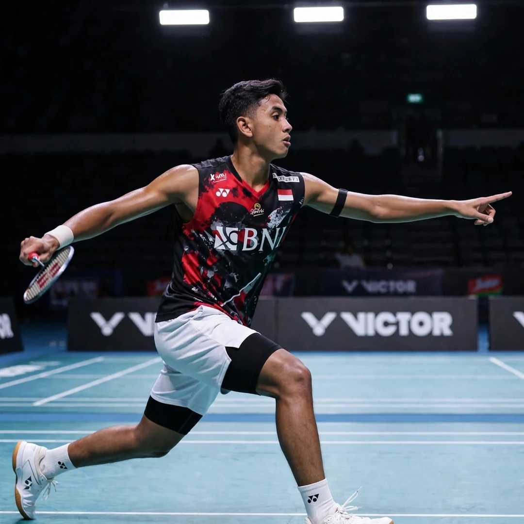 Alwi Farhan backhand technique during an international men's singles match Alwi Farhan backhand cross-court technique (AI-generated)