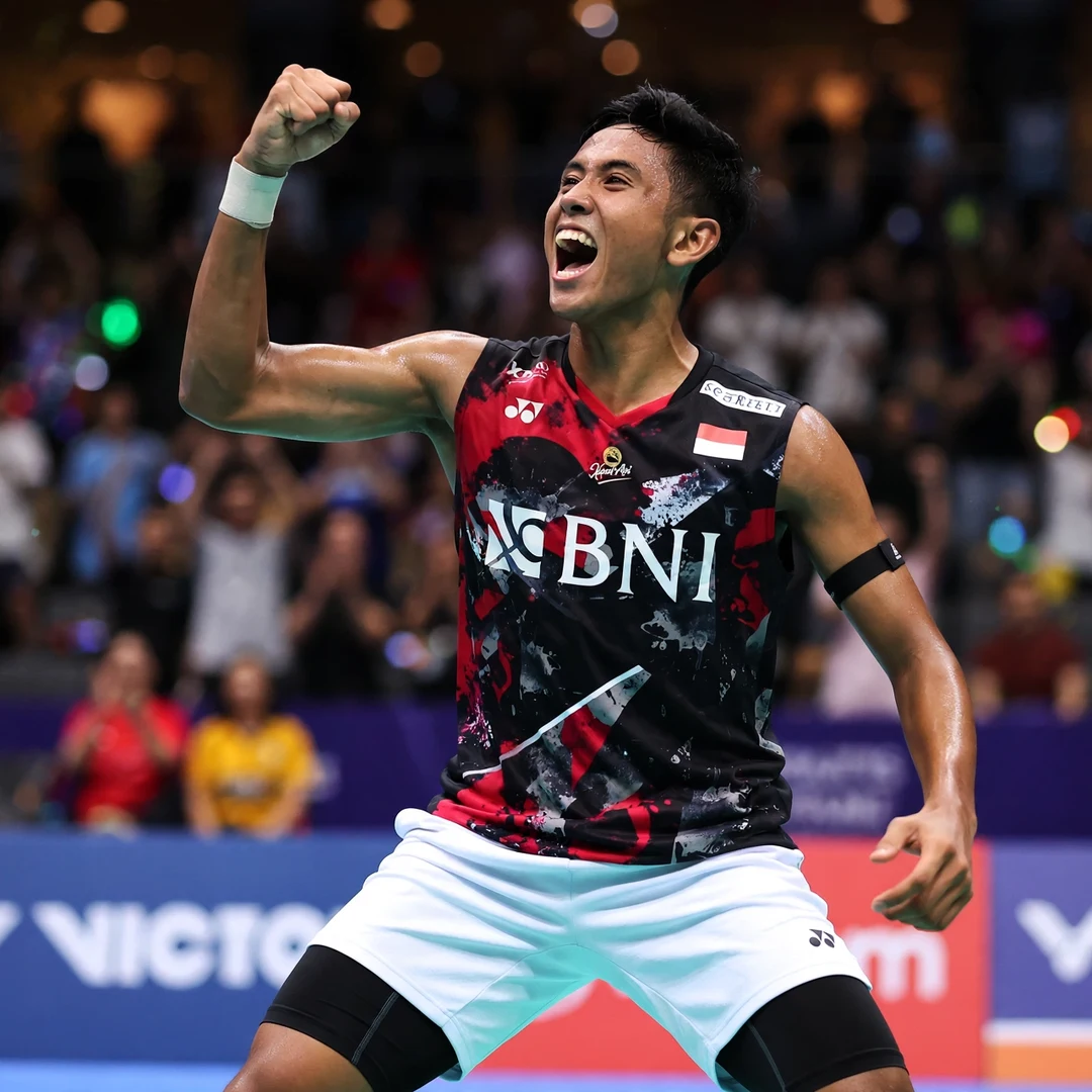 Alwi Farhan celebrating victory with a fist pump Alwi Farhan celebrating a rally win (AI-generated)