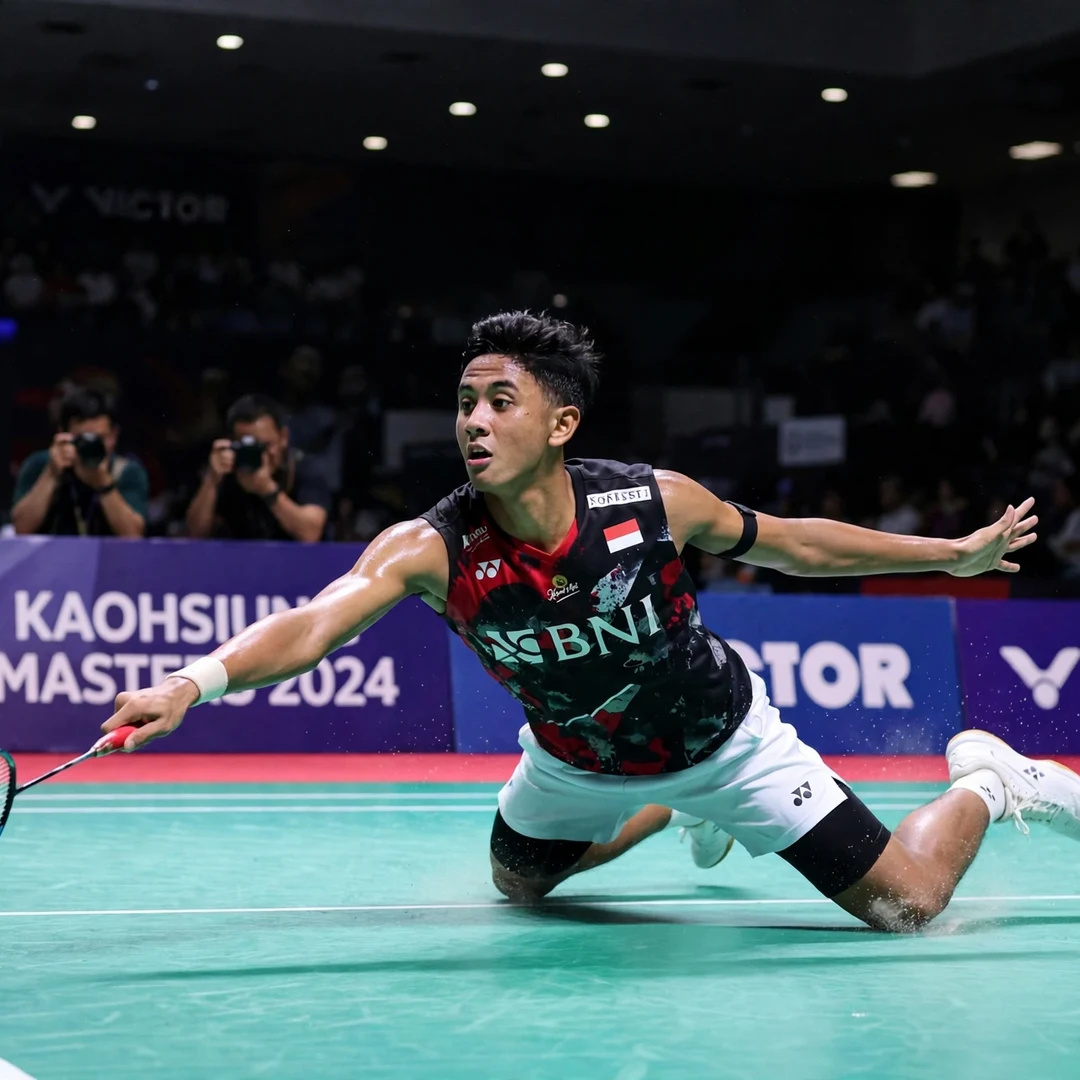 Alwi Farhan displaying defensive retrieval during an international men's singles match Alwi Farhan diving defensive return (AI-generated)