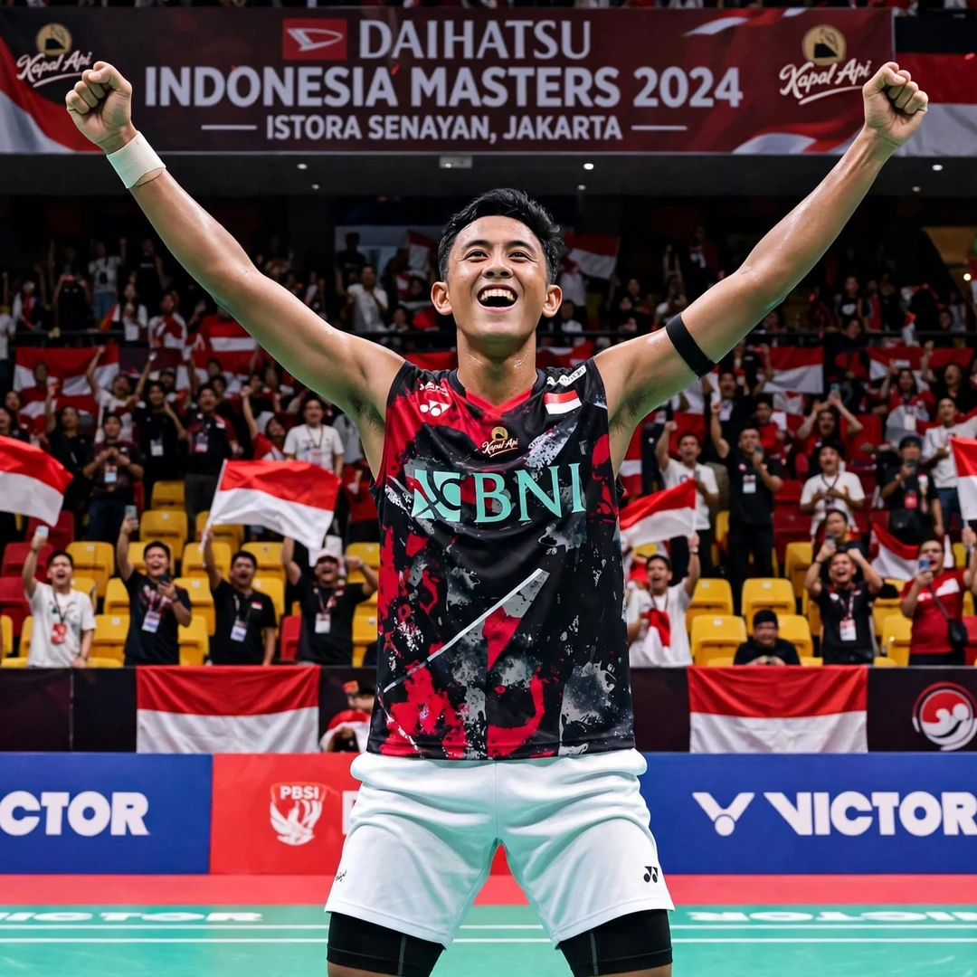 Alwi Farhan celebrating Indonesia Masters victory at Istora Senayan Jakarta Alwi Farhan celebrating Indonesia Masters 2026 victory at Istora Senayan (AI-generated)