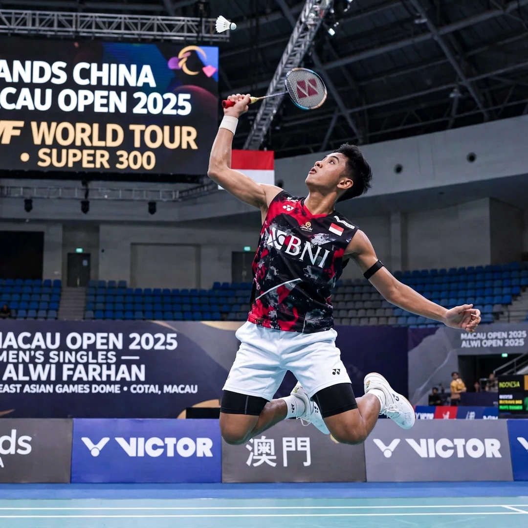 Alwi Farhan leaping for a jump smash at the Macau Open Alwi Farhan jump smash at the Macau Open 2025 (AI-generated)