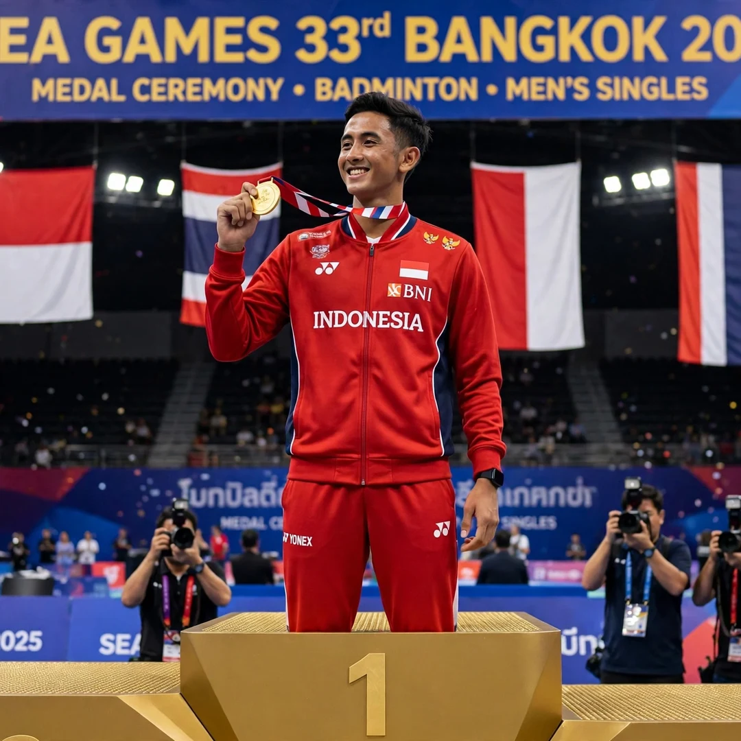 Alwi Farhan with SEA Games gold medal on the podium in Bangkok Alwi Farhan with SEA Games gold medal on the podium 2025 (AI-generated)