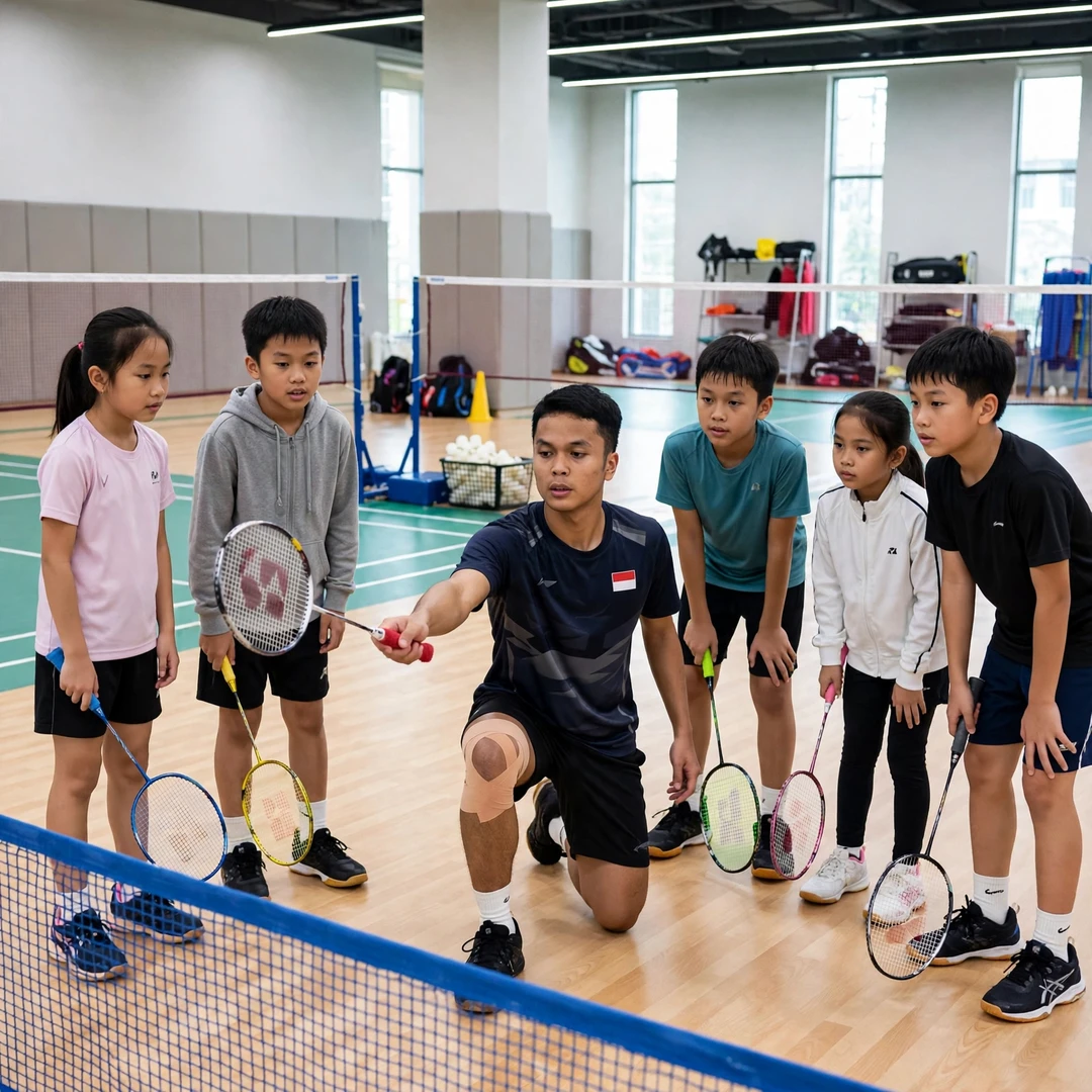 Anthony Sinisuka Ginting demonstrating a net shot to junior players at a badminton clinic (AI-generated) Anthony Sinisuka Ginting demonstrating a net shot to junior players at a badminton clinic (AI-generated)
