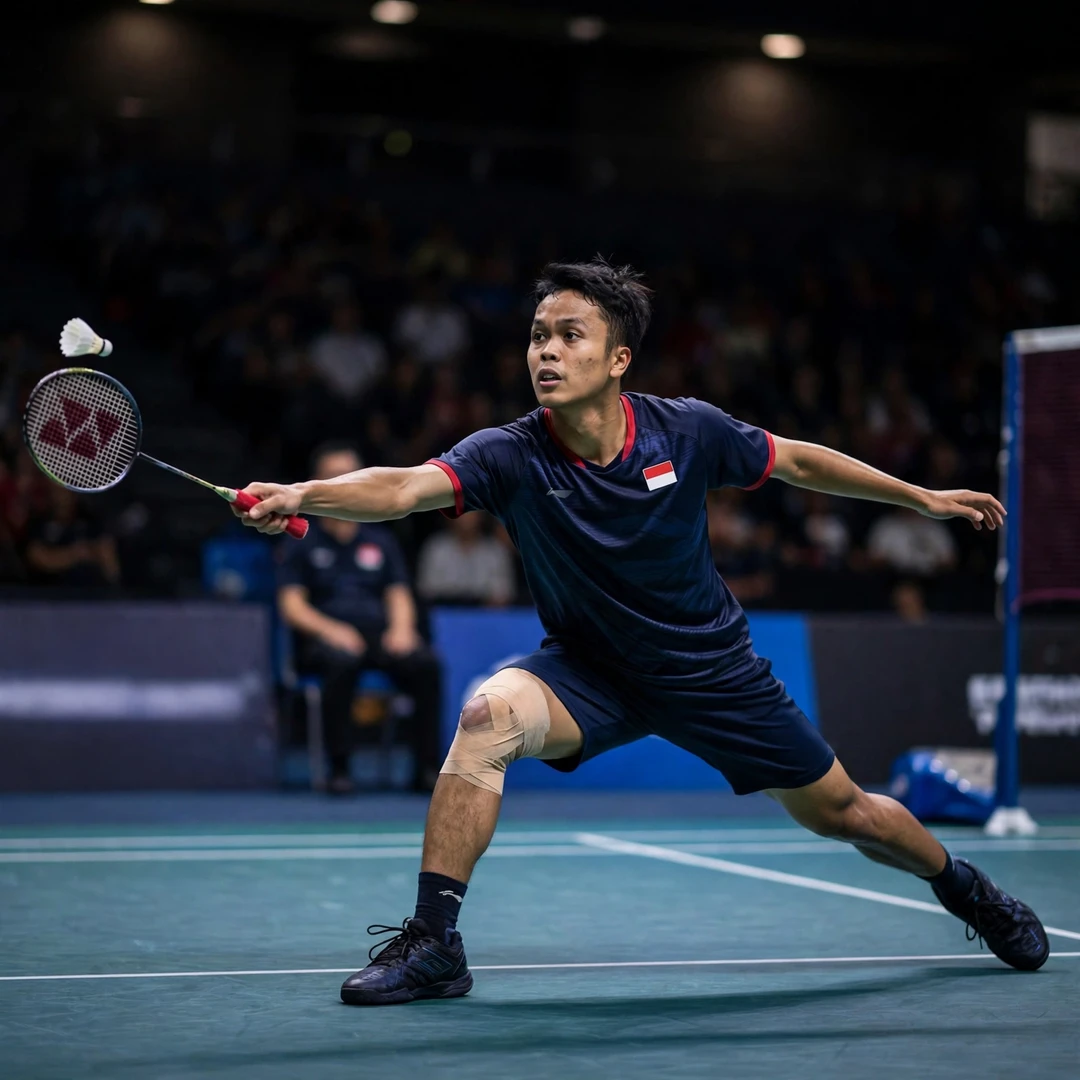 Anthony Sinisuka Ginting stretched out on the backhand side (AI-generated) Anthony Sinisuka Ginting stretched out on the backhand side (AI-generated)