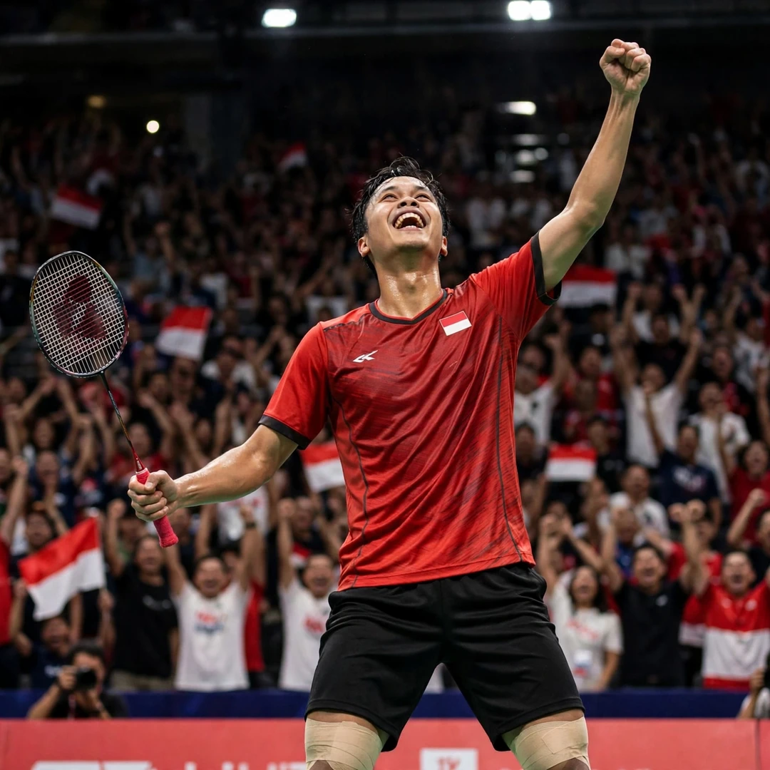 Anthony Sinisuka Ginting celebrating a victory (AI-generated) Anthony Sinisuka Ginting celebrating a victory (AI-generated)