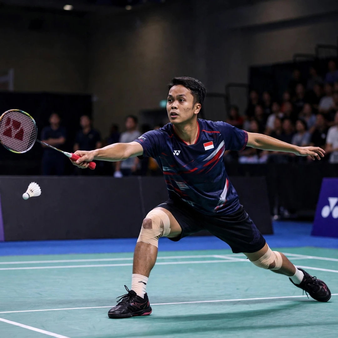 Anthony Sinisuka Ginting in a defensive lunge (AI-generated) Anthony Sinisuka Ginting in a defensive lunge (AI-generated)