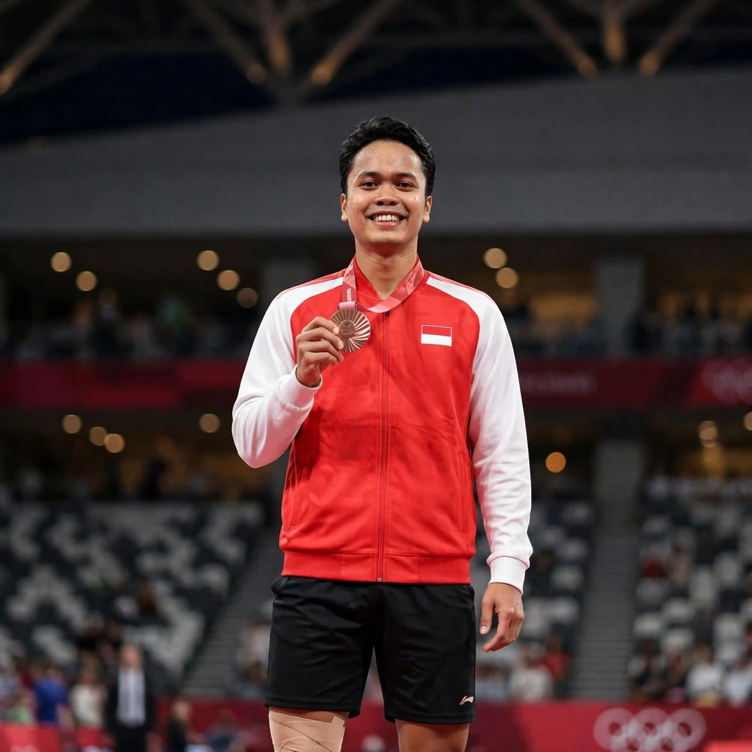 Anthony Sinisuka Ginting with his Tokyo 2020 Olympic bronze medal (AI-generated) Anthony Sinisuka Ginting with his Tokyo 2020 Olympic bronze medal (AI-generated)