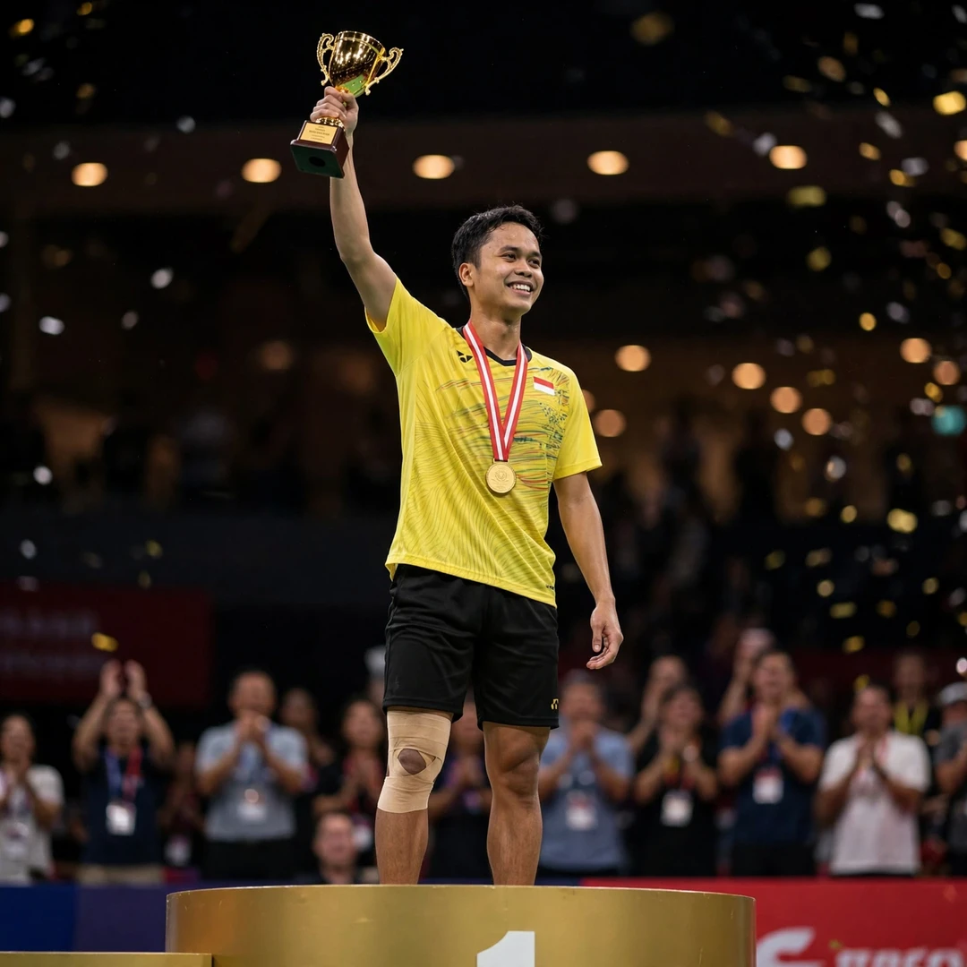 Anthony Sinisuka Ginting on the podium with a trophy and gold medal (AI-generated) Anthony Sinisuka Ginting on the podium with a trophy and gold medal (AI-generated)