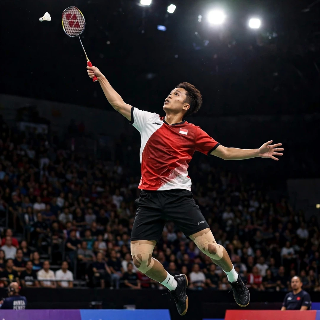 Anthony Sinisuka Ginting hitting a jump smash (AI-generated) Anthony Sinisuka Ginting hitting a jump smash (AI-generated)
