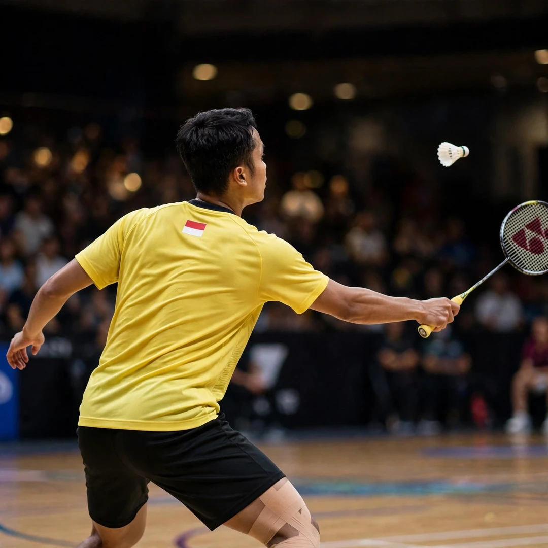 Anthony Sinisuka Ginting playing a forehand drive, seen from behind (AI-generated) Anthony Sinisuka Ginting playing a forehand drive, seen from behind (AI-generated)