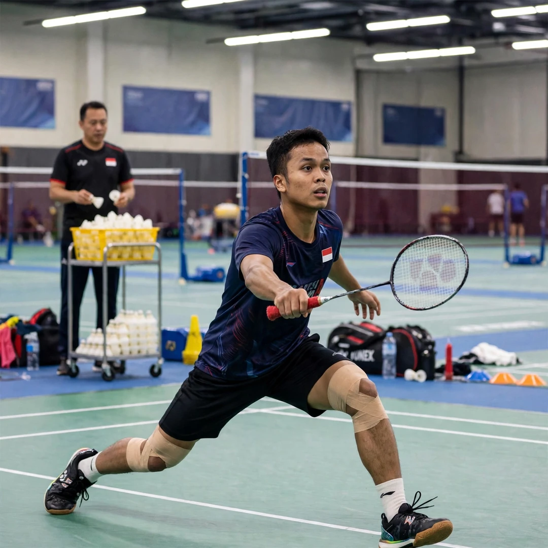 Anthony Sinisuka Ginting in a multi-shuttle training drill (AI-generated) Anthony Sinisuka Ginting in a multi-shuttle training drill (AI-generated)