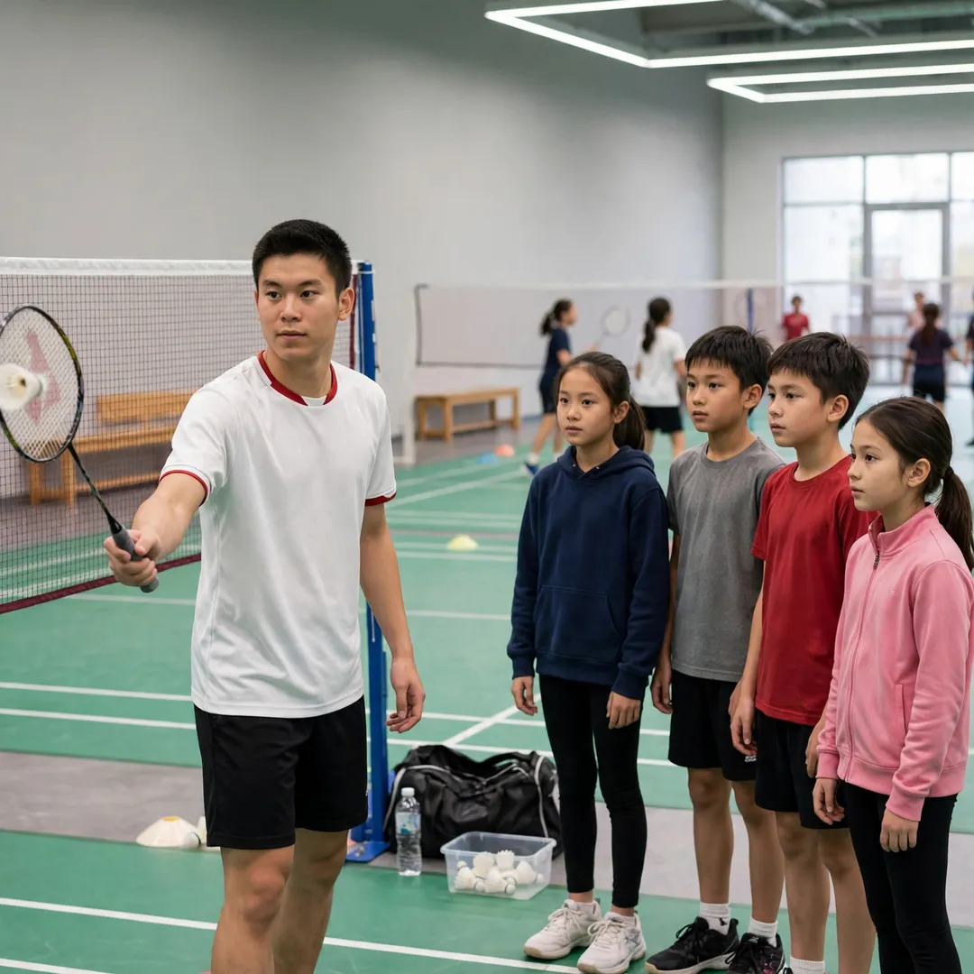 Aria Dinata Aria Dinata demonstrating a net shot to junior players at a badminton clinic (AI-generated)