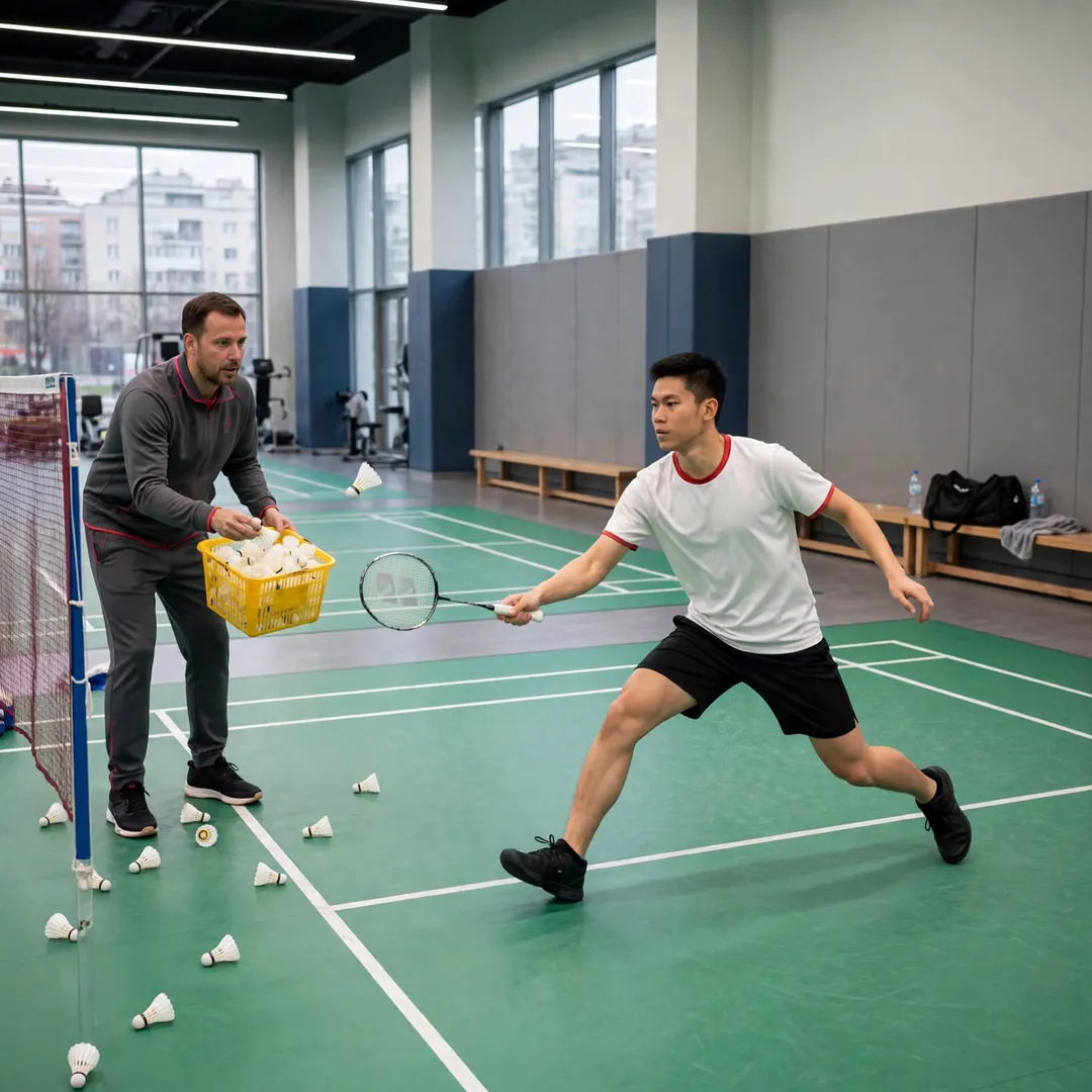 Aria Dinata Aria Dinata in a multi-shuttle training drill with his coach feeding shuttles (AI-generated)