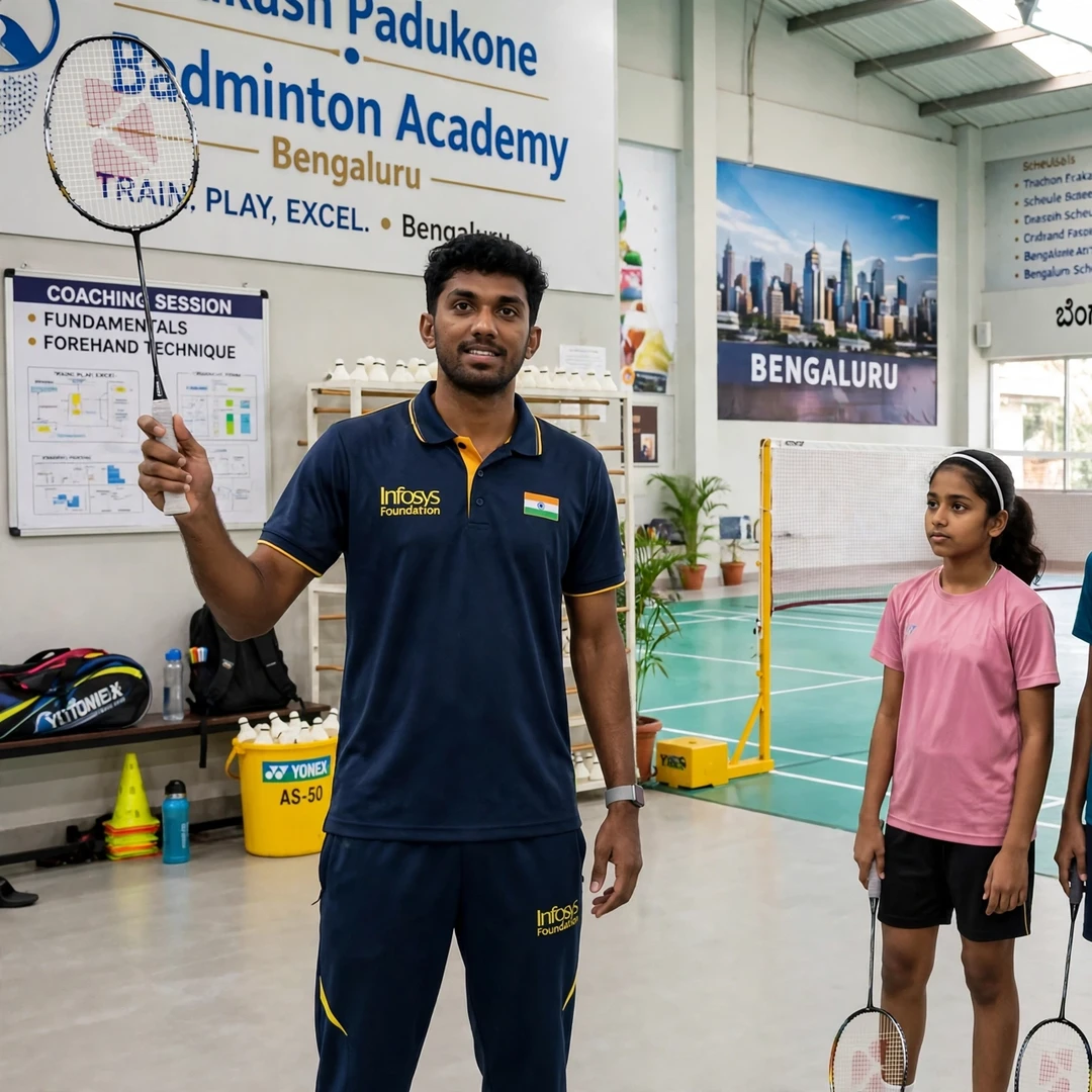 Ayush Shetty coaching junior badminton players Ayush Shetty demonstrating technique to junior players at a Bengaluru badminton academy (AI-generated)