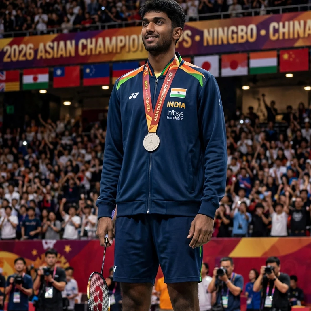 Ayush Shetty Asian Championships 2026 silver medal Ayush Shetty with his silver medal at the 2026 Asian Championships in Ningbo (AI-generated)