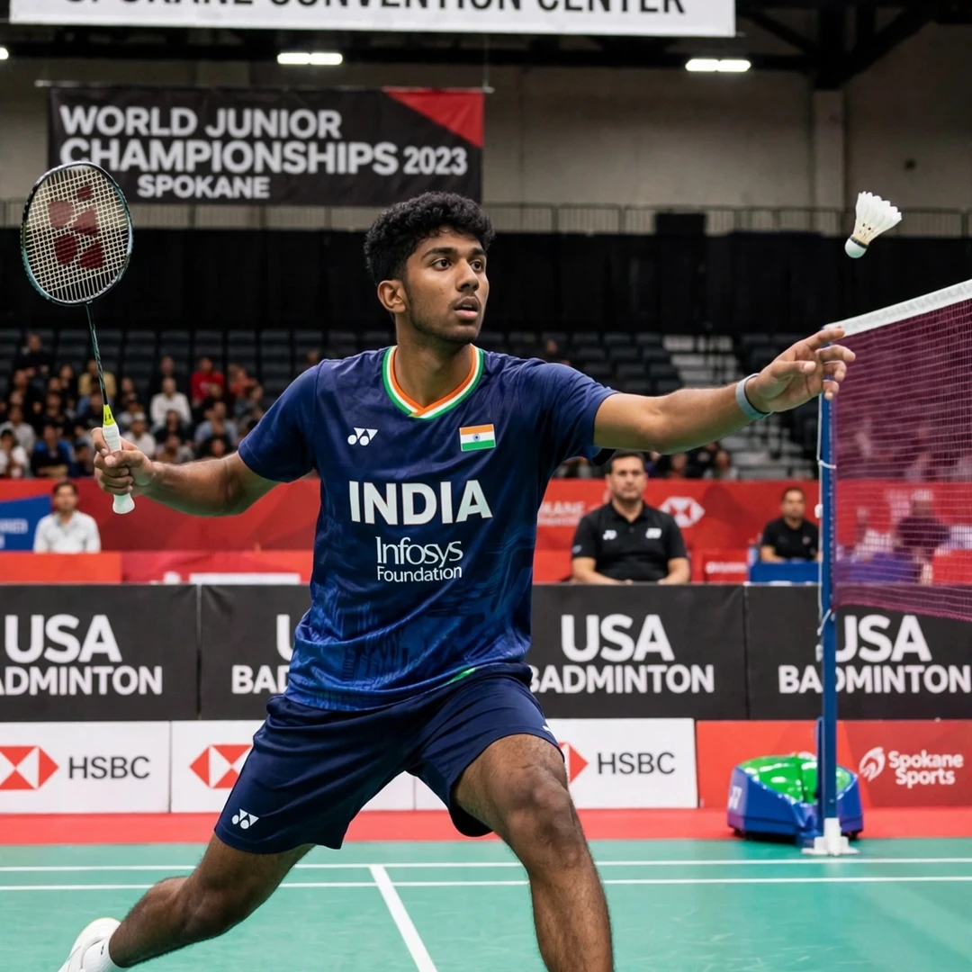 Ayush Shetty World Junior Championships 2023 bronze medal run Young Ayush Shetty in action at the 2023 World Junior Championships in Spokane (AI-generated)