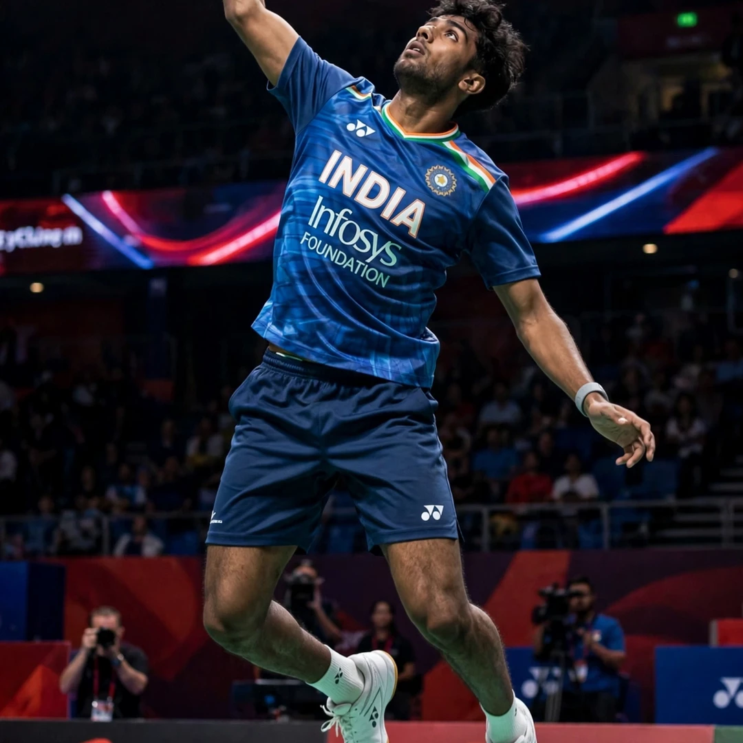 Ayush Shetty steep jump smash playing style Ayush Shetty towering jump smash and power attacking style (AI-generated)