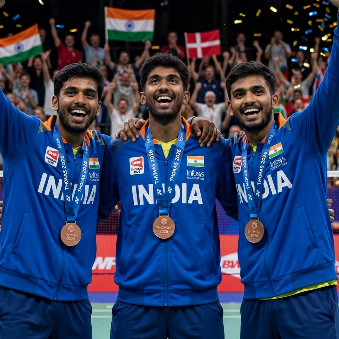 Ayush Shetty Thomas Cup 2026 bronze medal with India Ayush Shetty celebrating Thomas Cup 2026 team bronze with India in Horsens (AI-generated)