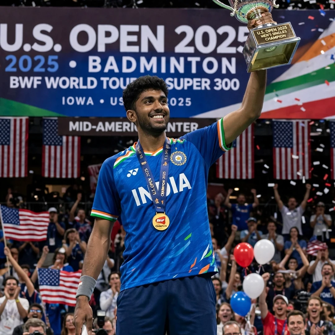 Ayush Shetty U.S. Open 2025 champion first World Tour title Ayush Shetty lifting the U.S. Open 2025 trophy, his first BWF World Tour title (AI-generated)