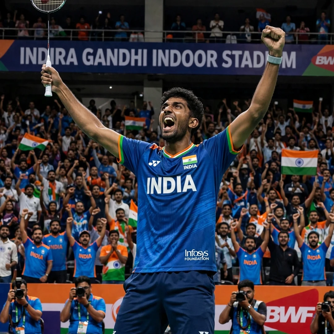 Ayush Shetty beats Shi Yu Qi World Championships 2026 Ayush Shetty celebrating his win over Shi Yu Qi at the 2026 World Championships in New Delhi (AI-generated)
