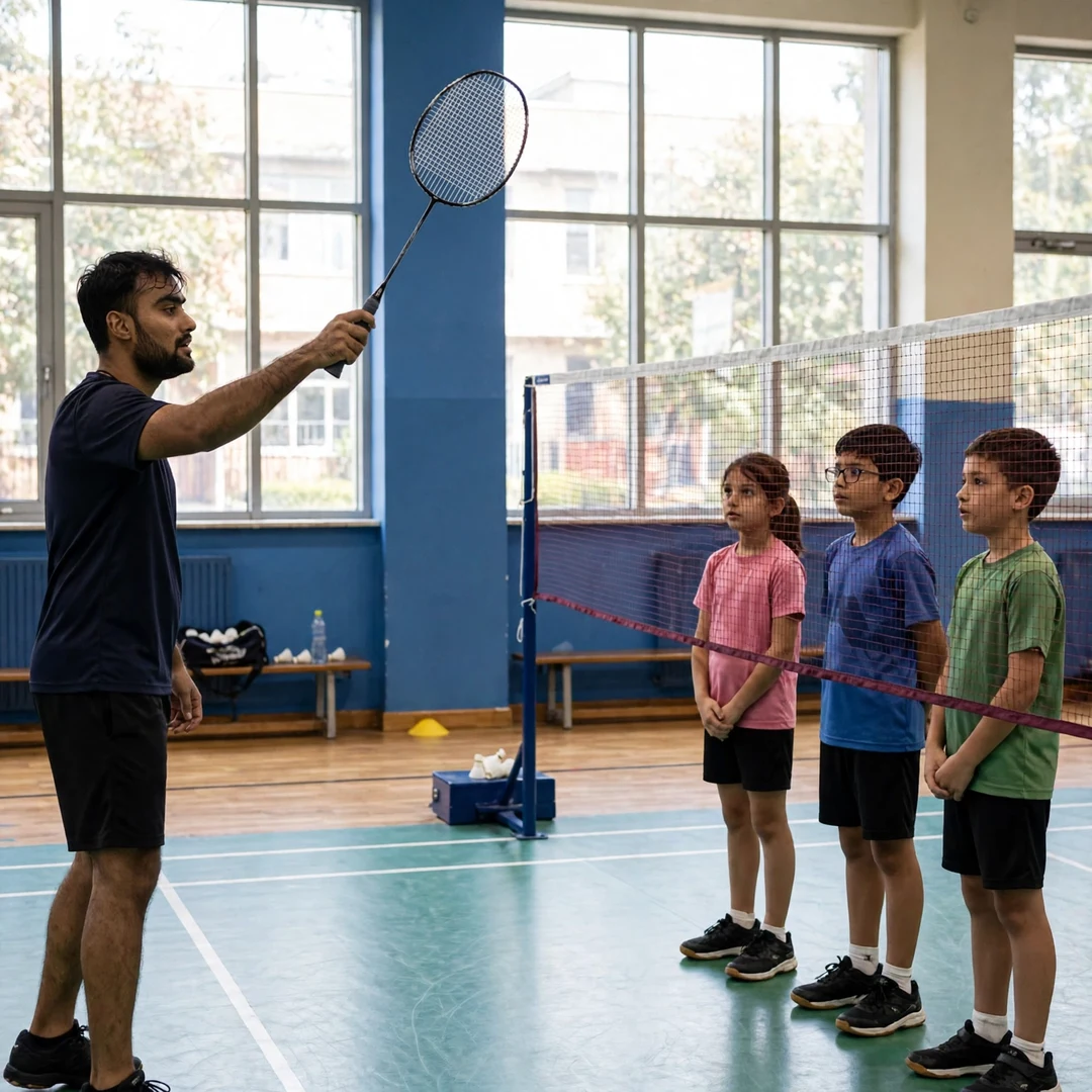 Bharat Raghav demonstrating a net shot to junior players at a coaching clinic (AI-generated) Bharat Raghav demonstrating a net shot to junior players at a coaching clinic (AI-generated)